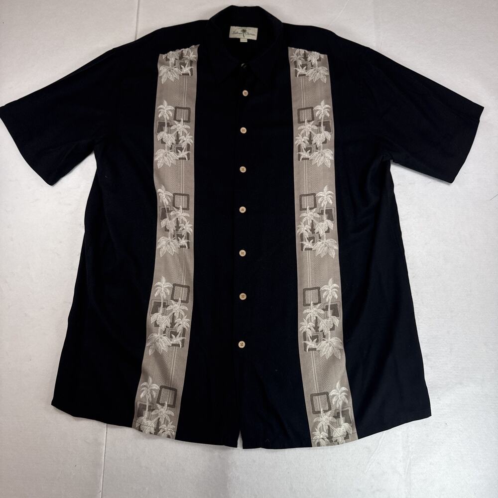 Island Shores Mens Hawaiian Shirt 2XLT Black Tan Palm Tree Rayon Aloha Button Up